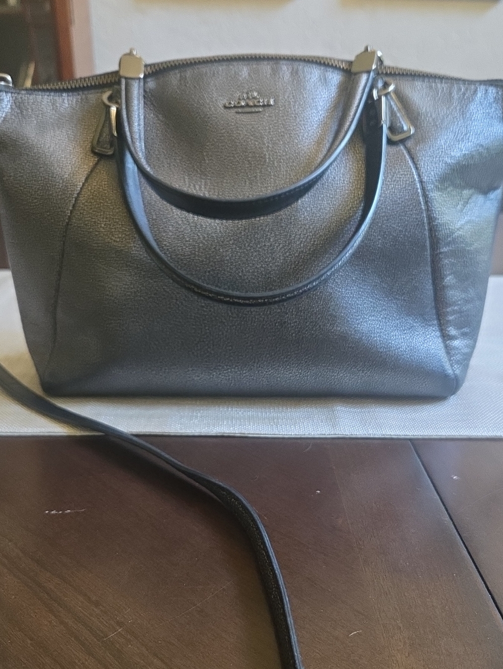 Coach Metallic Charcoal Gray, Leather Purse In Very Good Condition! Nice Size!